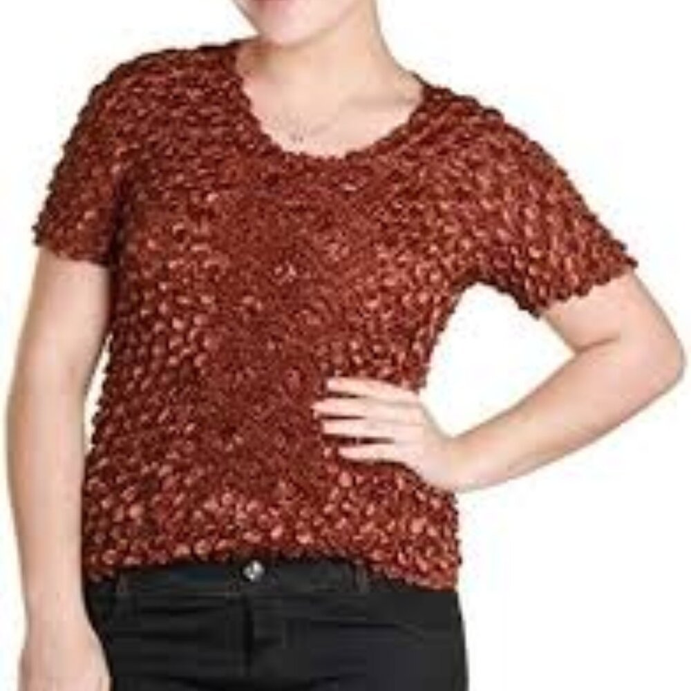 Magic Scarf Women OS Popcorn Vintage Brown Textured Short Sleeve Lightweight Top